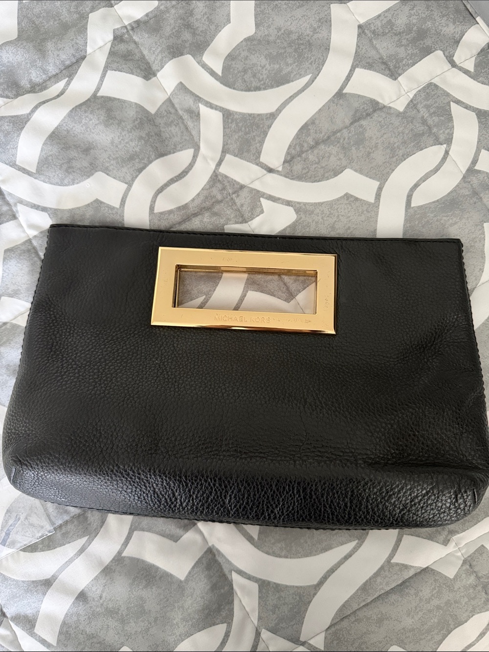Michael Kors Black Leather Clutch with Gold Handle Frame